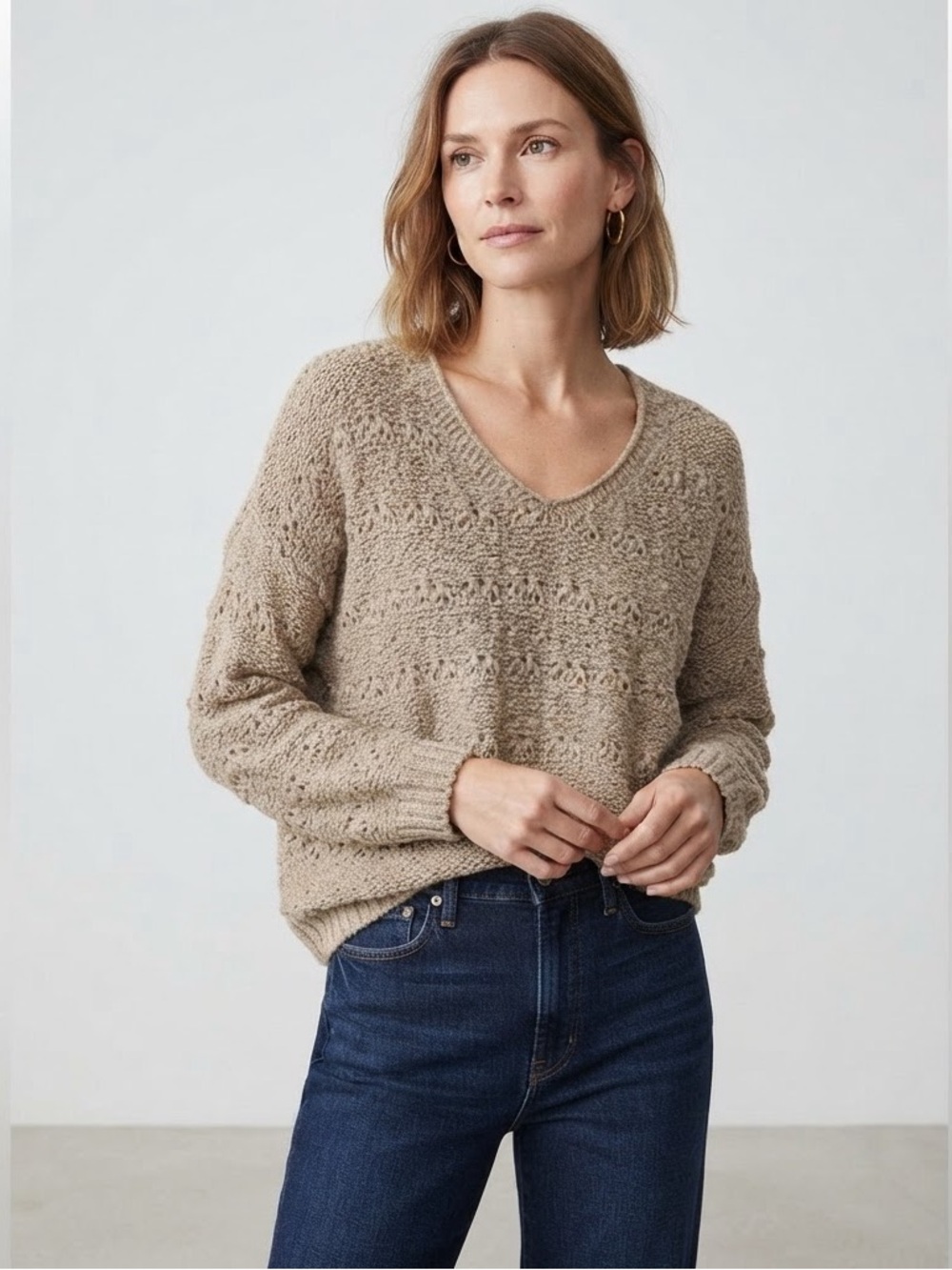 For The Republic Knit V-Neck Sweater Tan Beige Small Petite NWT